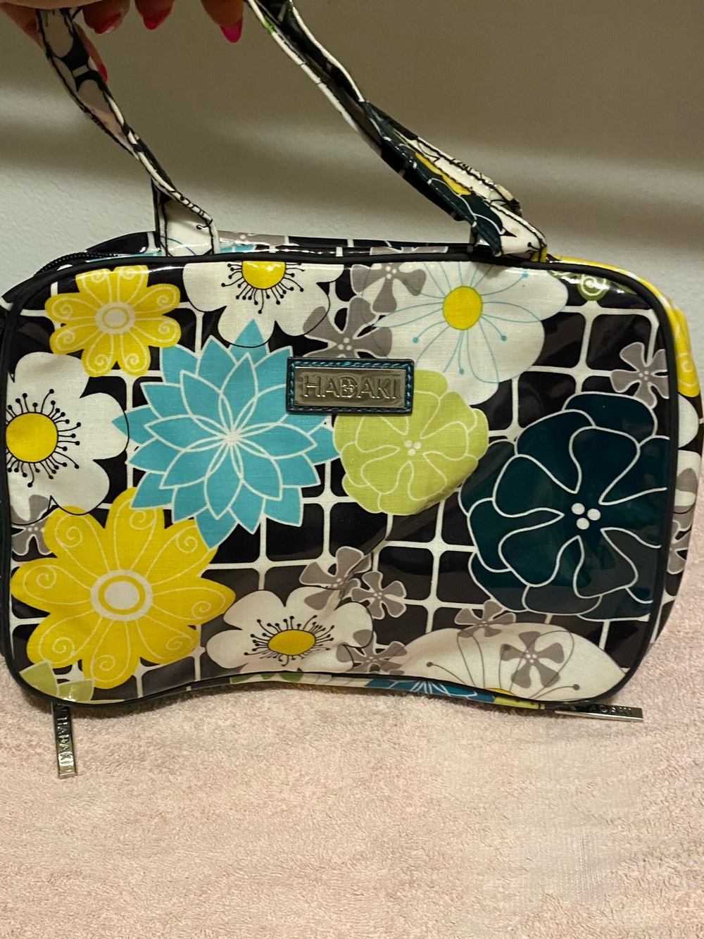 Habaki Floral Travel Cosmetic Bag - Yellow, Teal, Navy & White